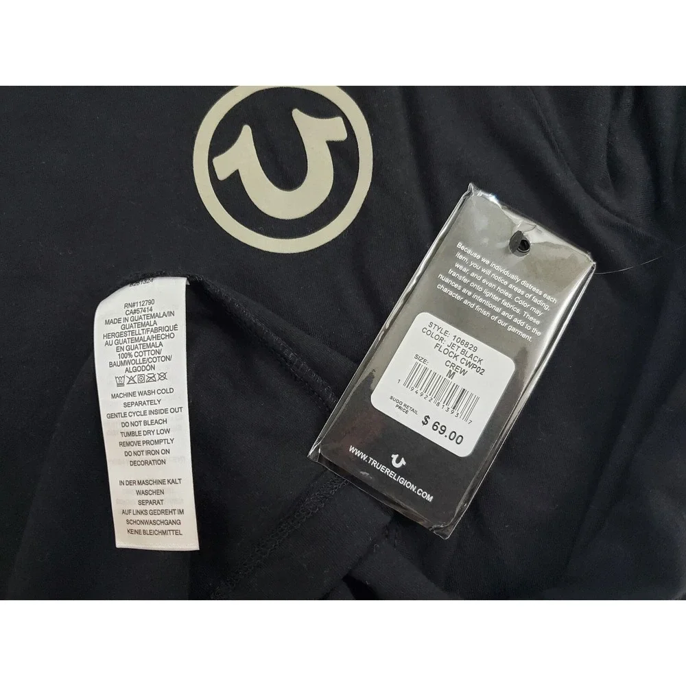 True Religion Mens T-Shirt Flock CWP02 106829 Jet Black Cotton Long Sleeve M